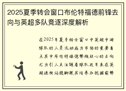 2025夏季转会窗口布伦特福德前锋去向与英超多队竞逐深度解析 2025夏季转会窗口布伦特福德前锋去向与英超多队竞逐深度解析